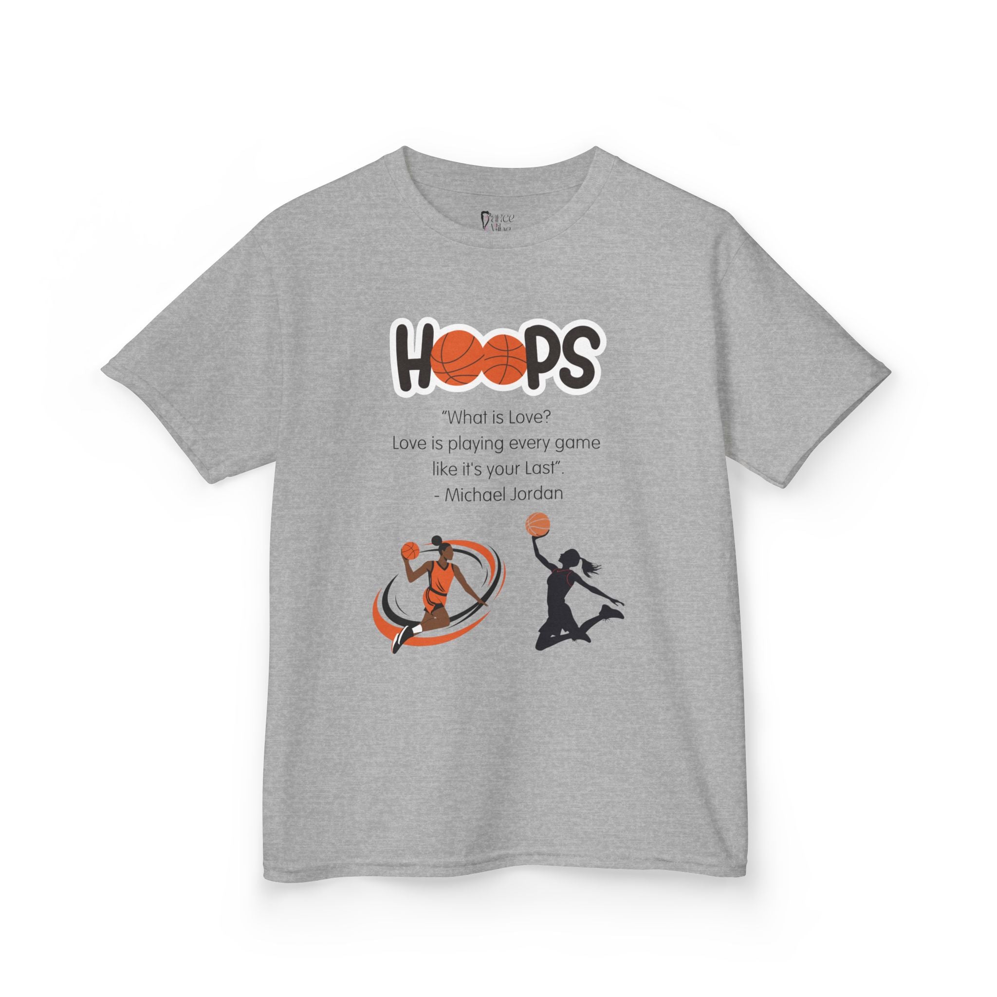 Front view of a youth Gildan 5000B heavy cotton t-shirt in sport grey featuring a Girls Basketball design