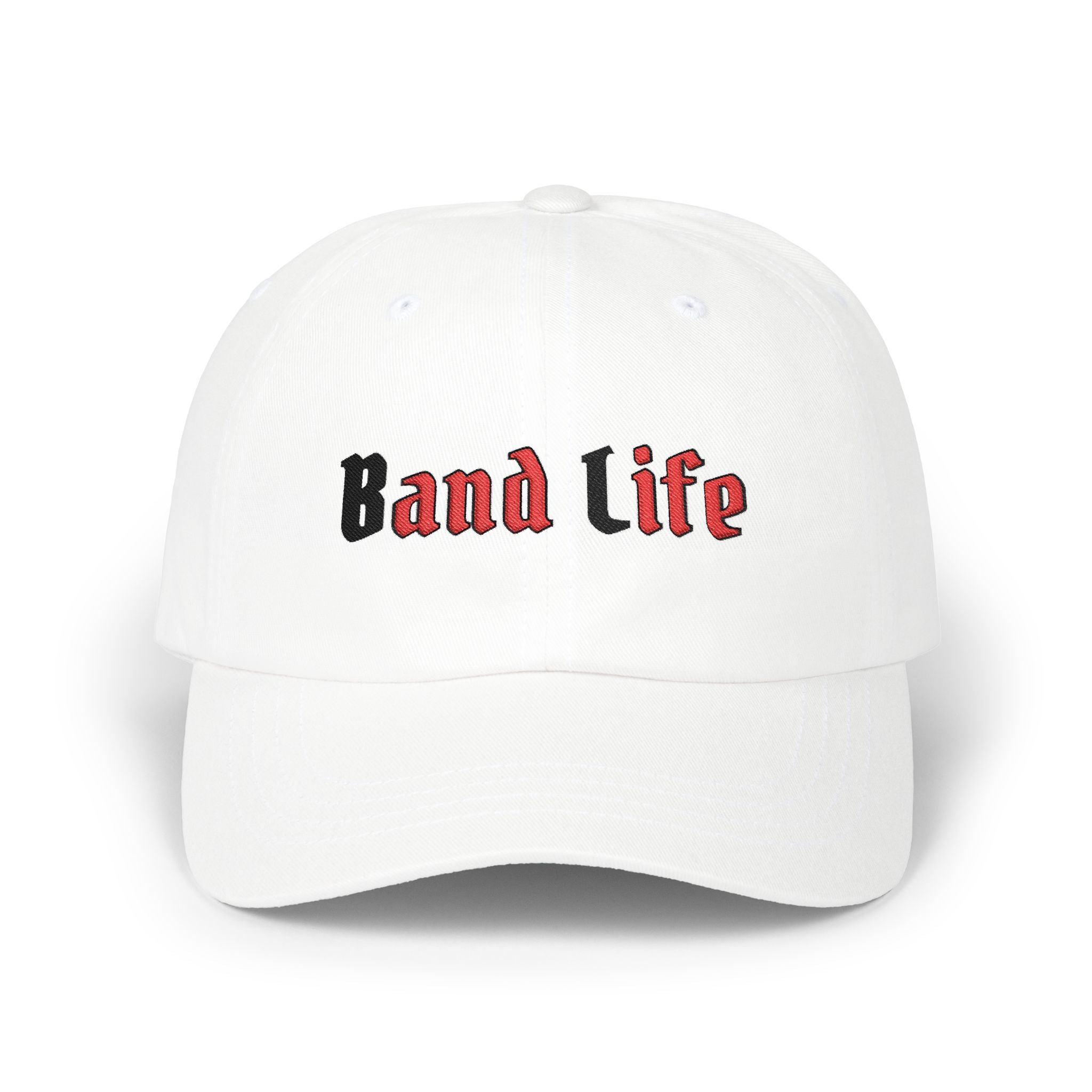 White embroidered classic dad cap hat with Band Life text Front view