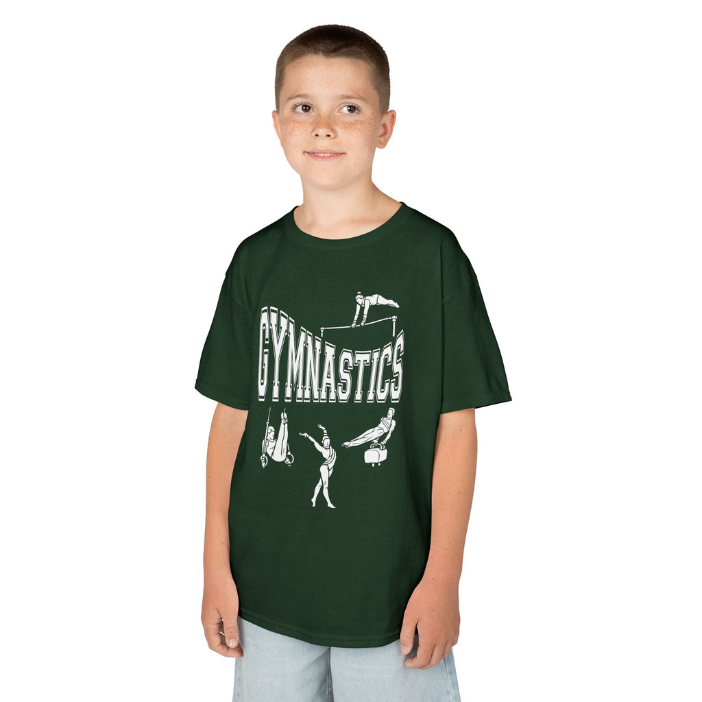 Young boy wearing a youth Gildan 5000B heavy cotton t-shirt in forest green with a gymnastics text and graphic