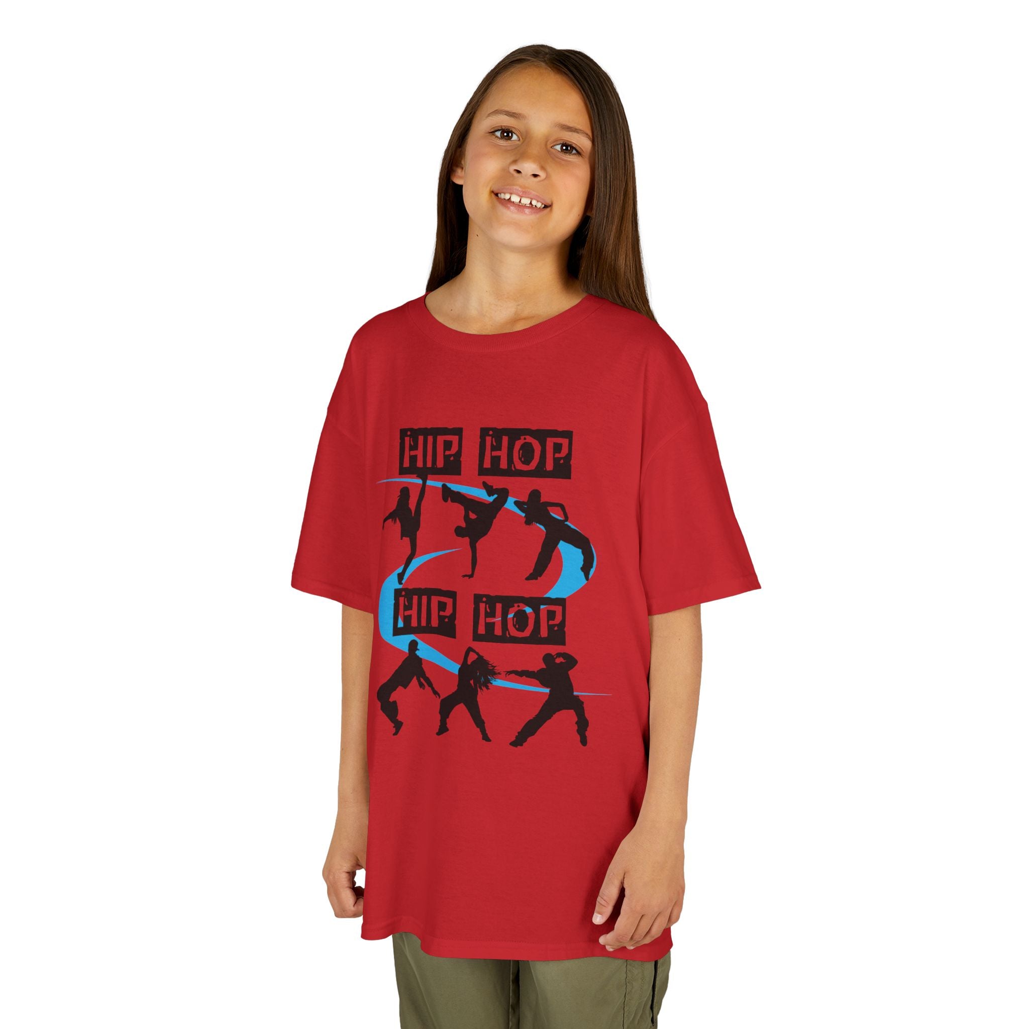 Young girl wearing a youth Gildan 5000B heavy cotton t-shirt in red with a Hip Hop text and dancers