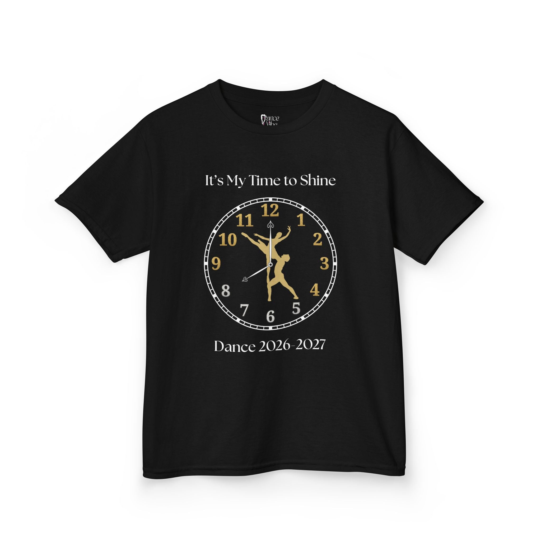Front view of a youth Gildan 5000B heavy cotton t-shirt in black with a Ballet Couple 2026-2027 design