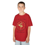 Young boy wearing a youth Gildan 5000B heavy cotton t-shirt in red with an It's My Time to Shine Breakdance 2026-2027 theme