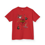 Front view of a youth Gildan 5000B heavy cotton t-shirt in red with a Music A Universal Language theme