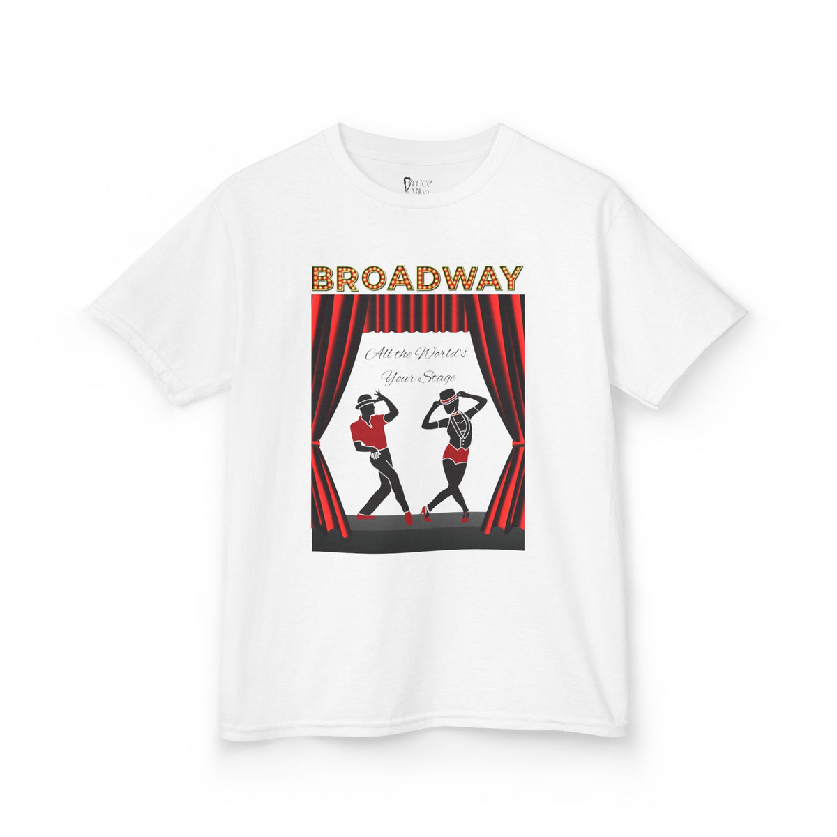 Front view of a youth Gildan 5000B heavy cotton t-shirt in white with a Broadway text and graphic