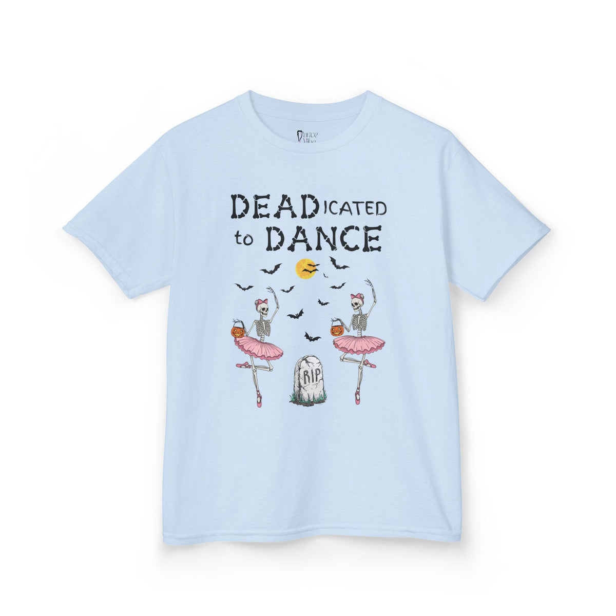 Front view of a youth Gildan 5000B heavy cotton t-shirt in light blue with a Deadicated to Dance Halloween theme