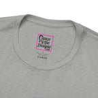 Close up view of a custom Dance Vibe Designs neck label shown over the t-shirt care instructions.
