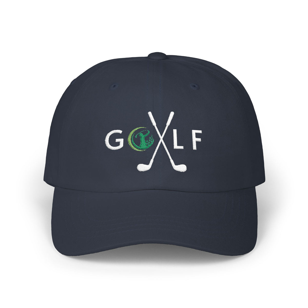 Navy cap embroidered with a GOLF text and golf club design.