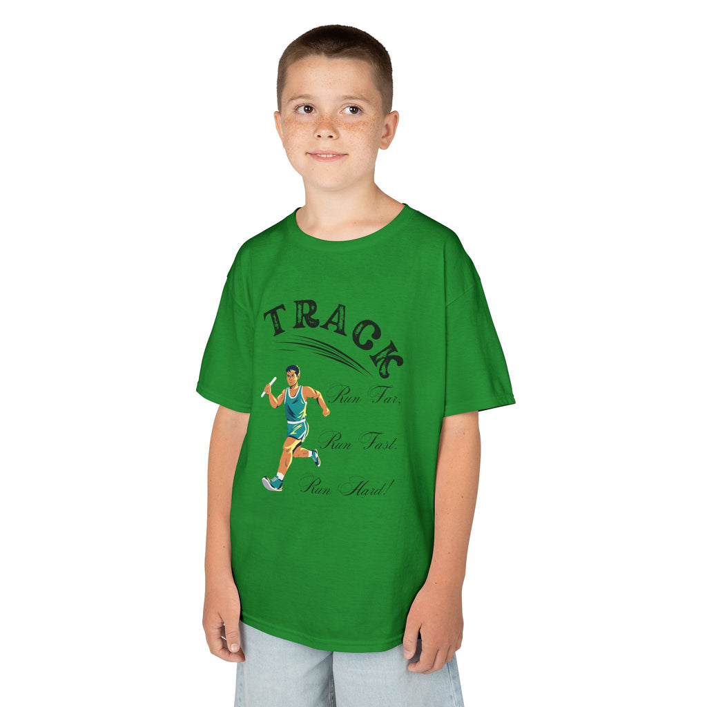 Young boy wearing a youth Gildan 5000B heavy cotton t-shirt in irish green featuring a boy running Track