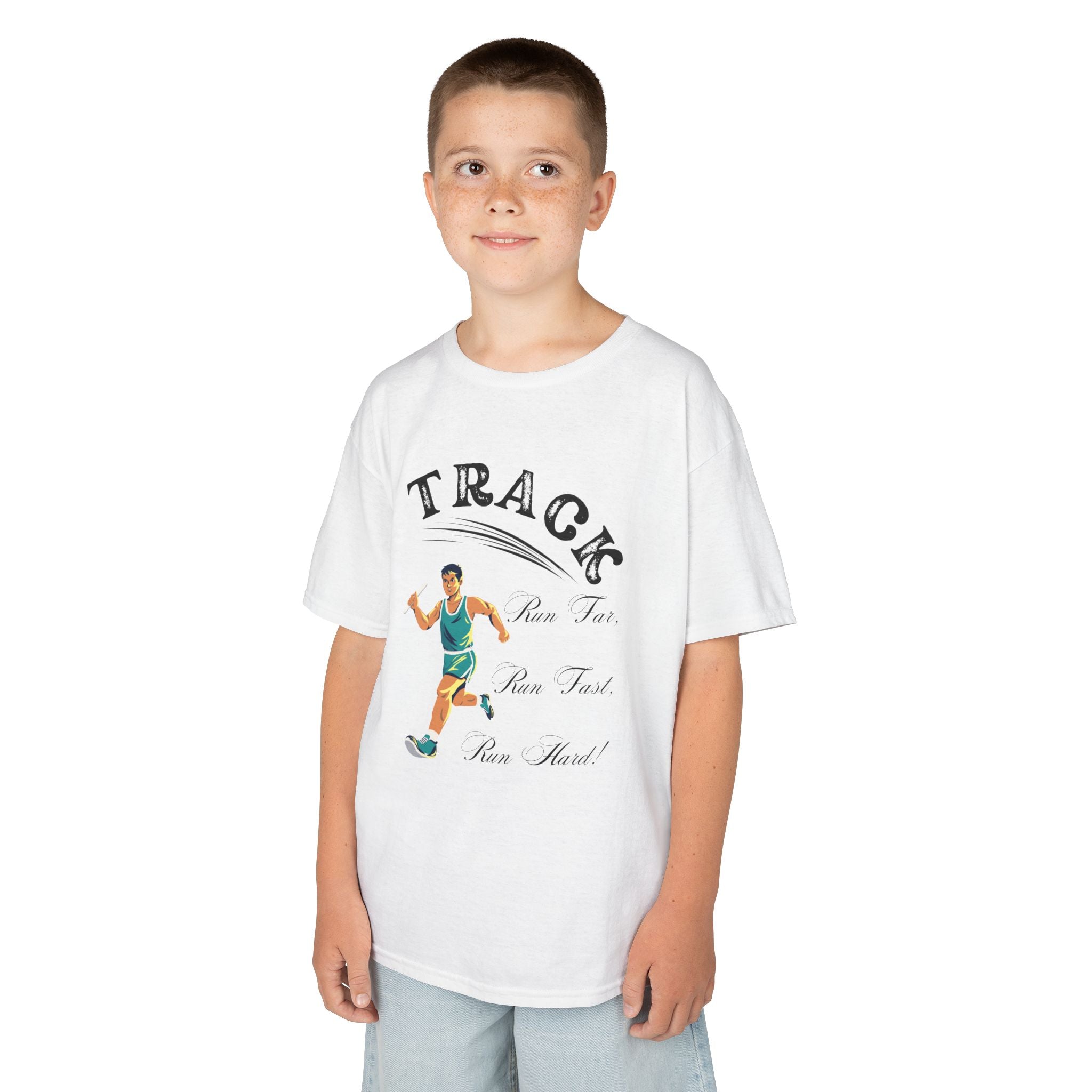 Young boy wearing a youth Gildan 5000B heavy cotton t-shirt in white featuring a boy running Track