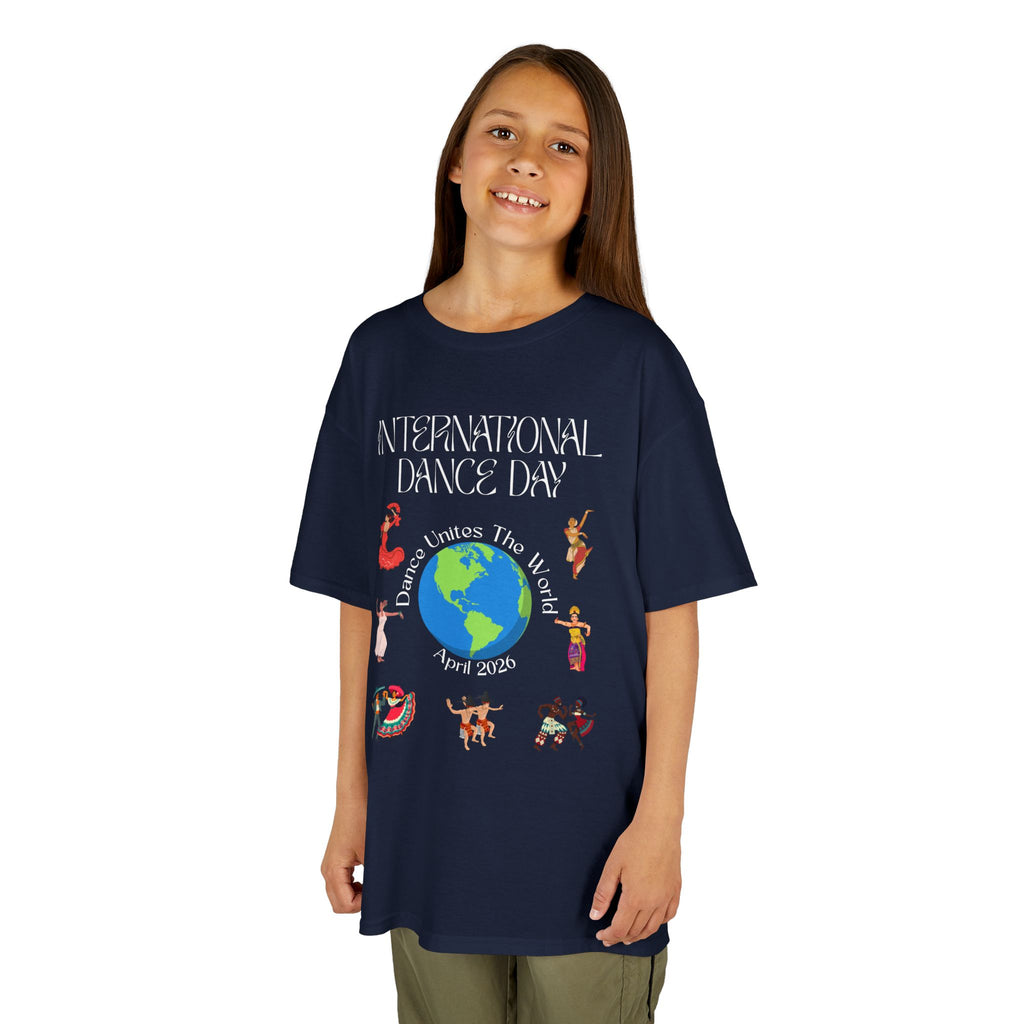 Young girl wearing a youth Gildan 5000B heavy cotton t-shirt in navy with an International Dance Day theme 