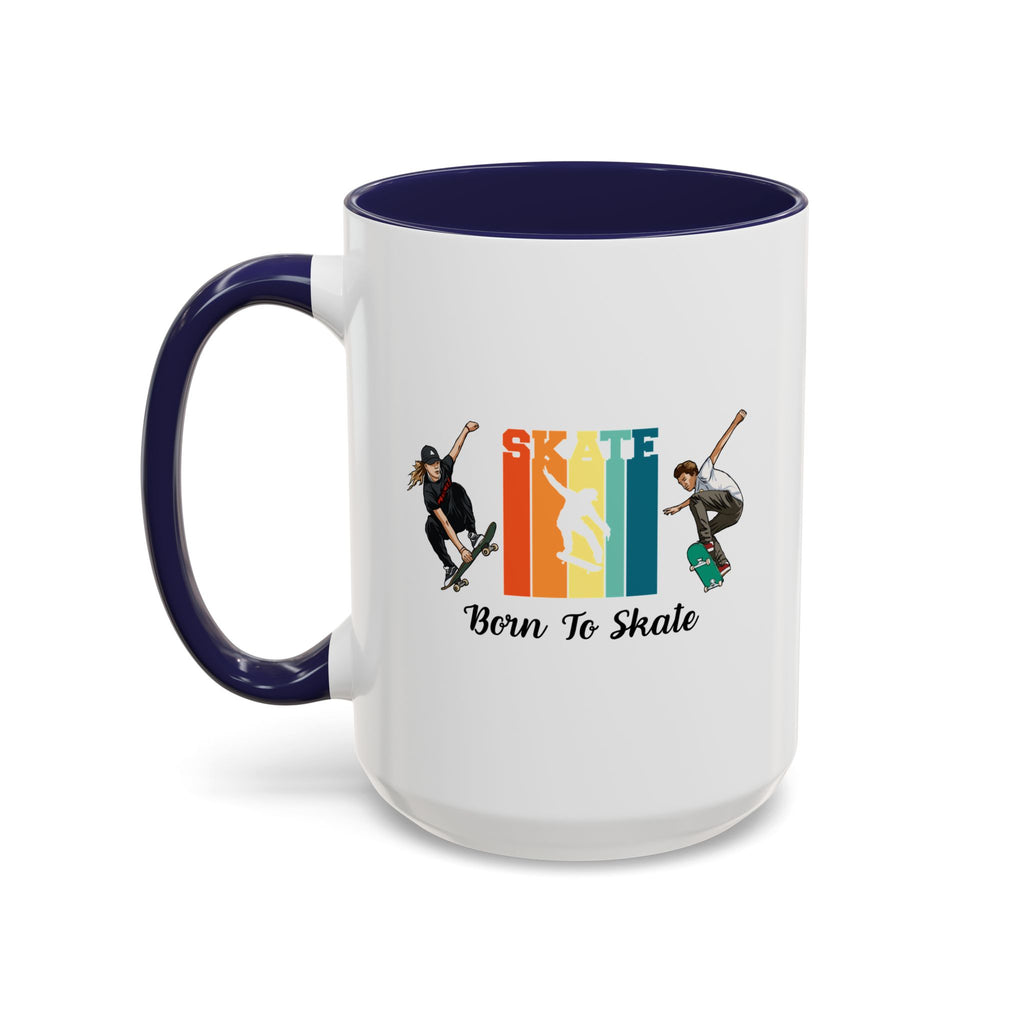 15oz white ceramic Born to Skate Skateboarding mug with navy handle and interior Left handed view