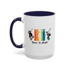 15oz white ceramic Born to Skate Skateboarding mug with navy handle and interior Left handed view