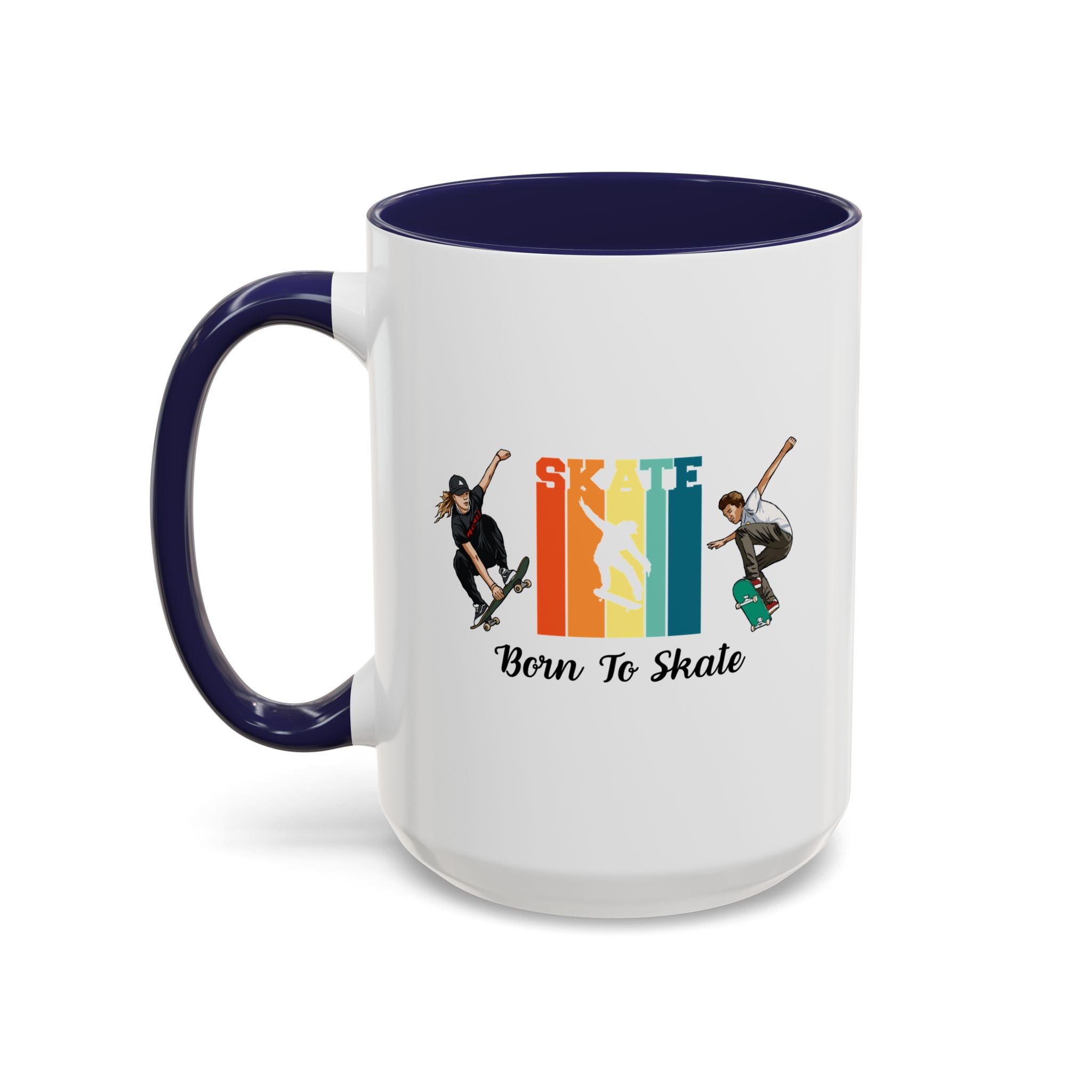 15oz white ceramic Born to Skate Skateboarding mug with navy handle and interior Left handed view