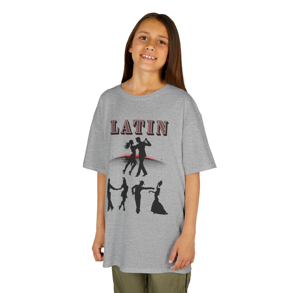 Young girl wearing a youth Gildan 5000B heavy cotton t-shirt in sport grey with a Latin Dance Couples theme