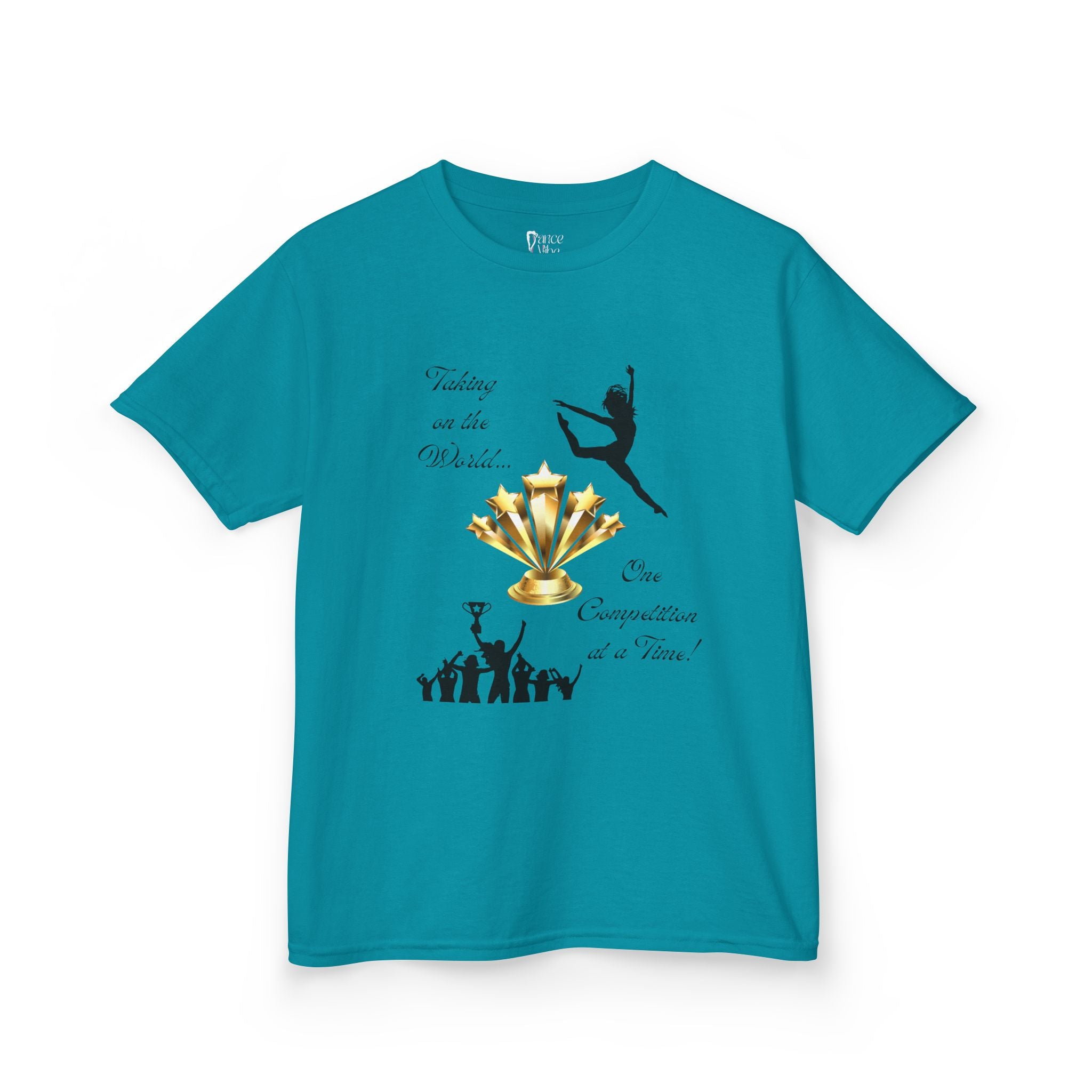 Front view of a youth Gildan 5000B heavy cotton t-shirt in tropical blue with a Dance Competition theme