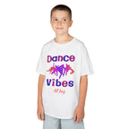 Young boy wearing a youth Gildan 5000B heavy cotton t-shirt in white with a Dance Vibes All Day text and graphic