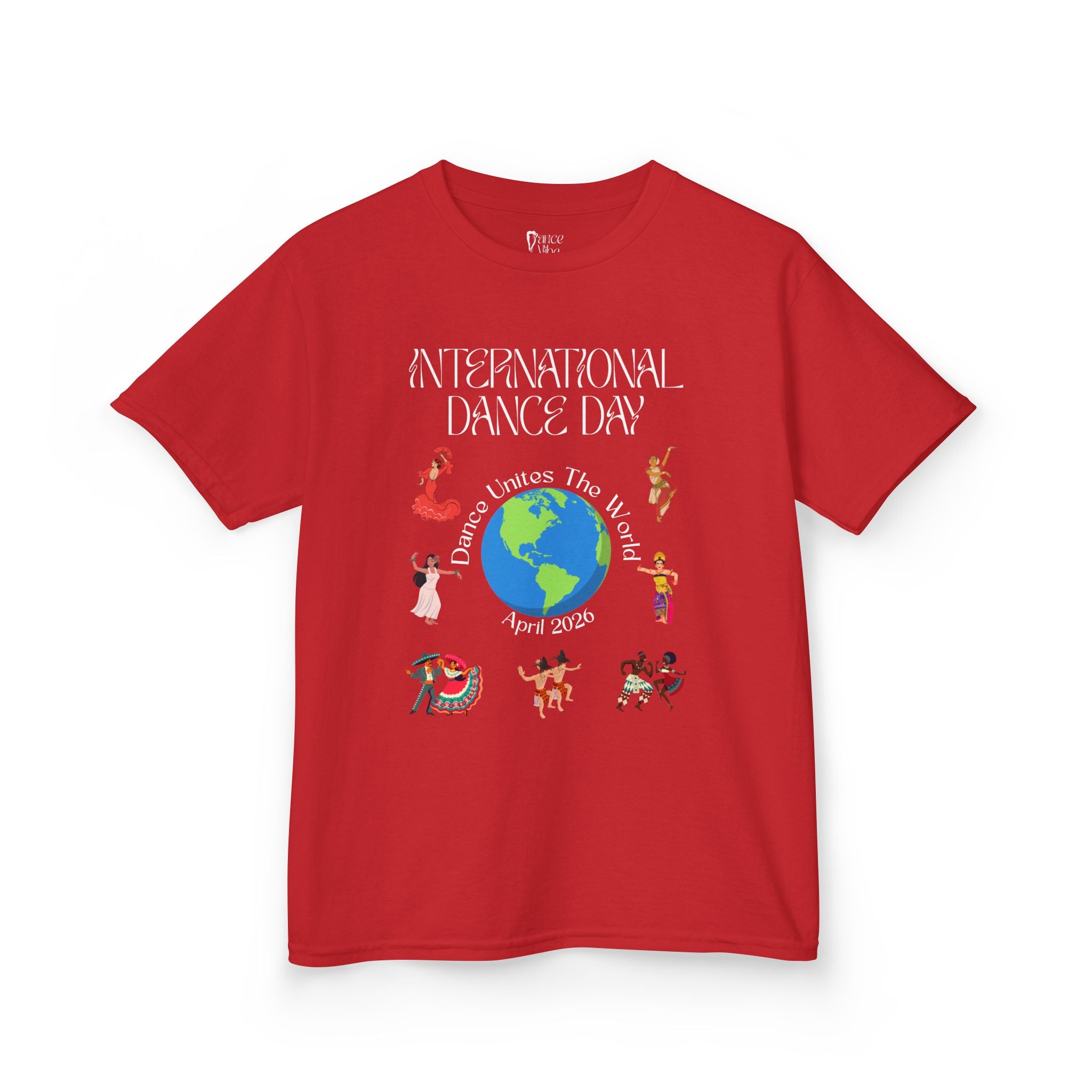 Front view of a youth Gildan 5000B heavy cotton t-shirt in red with an International Dance Day theme 