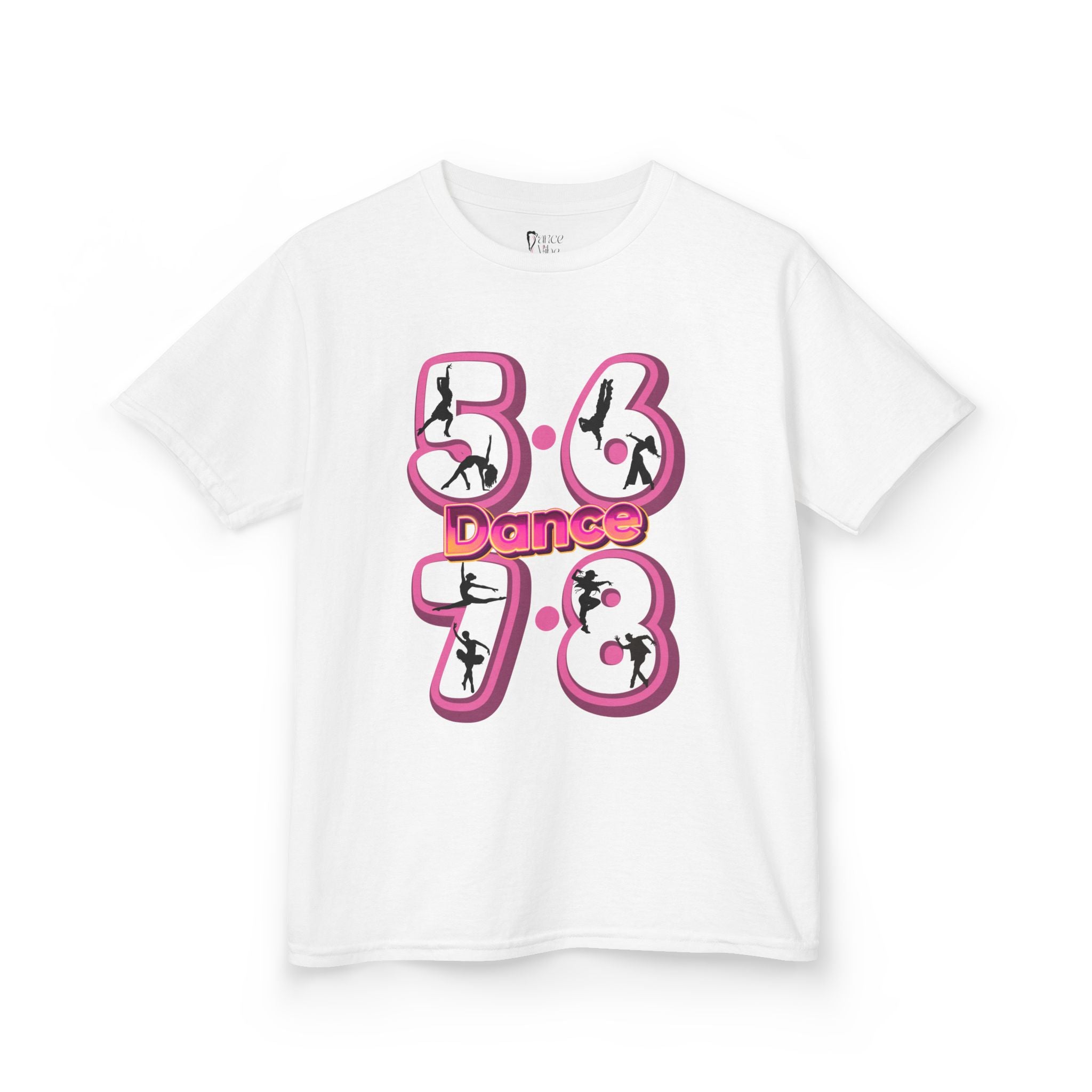 Front view of a youth Gildan 5000B heavy cotton t-shirt in white with a 5678 Dance text and graphic