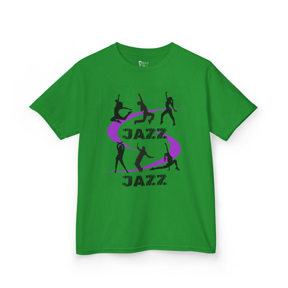 Front view of a youth Gildan 5000B heavy cotton t-shirt in irish green with a Jazz Dance text and graphic
