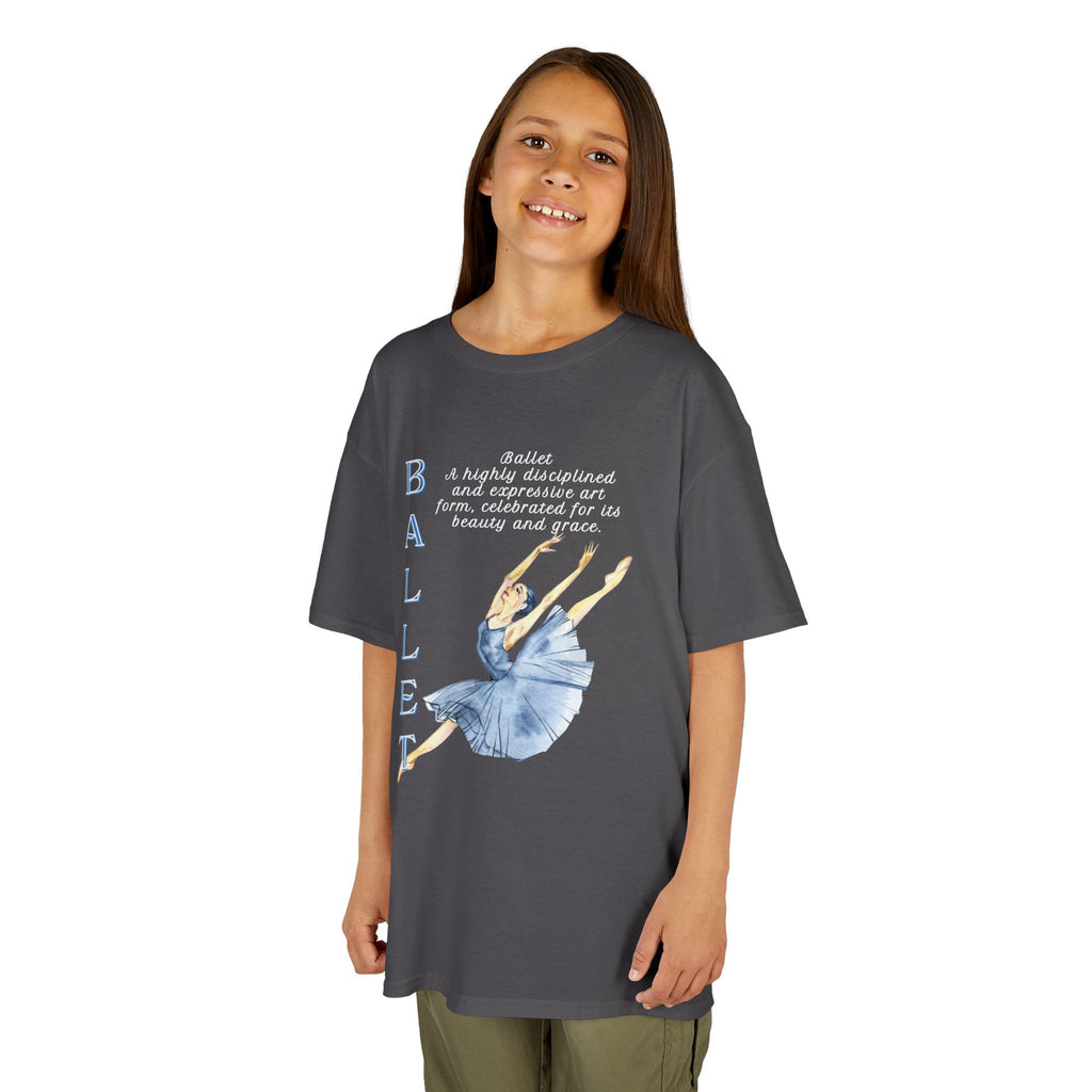 Young girl wearing a youth Gildan 5000B heavy cotton t-shirt in charcoal with a Ballet text and graphic