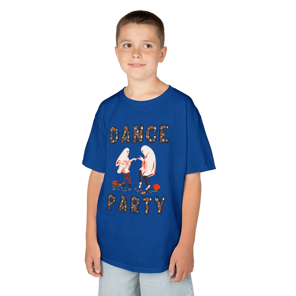 Young boy wearing a youth Gildan 5000B heavy cotton t-shirt in royal with a Halloween Dance Party theme
