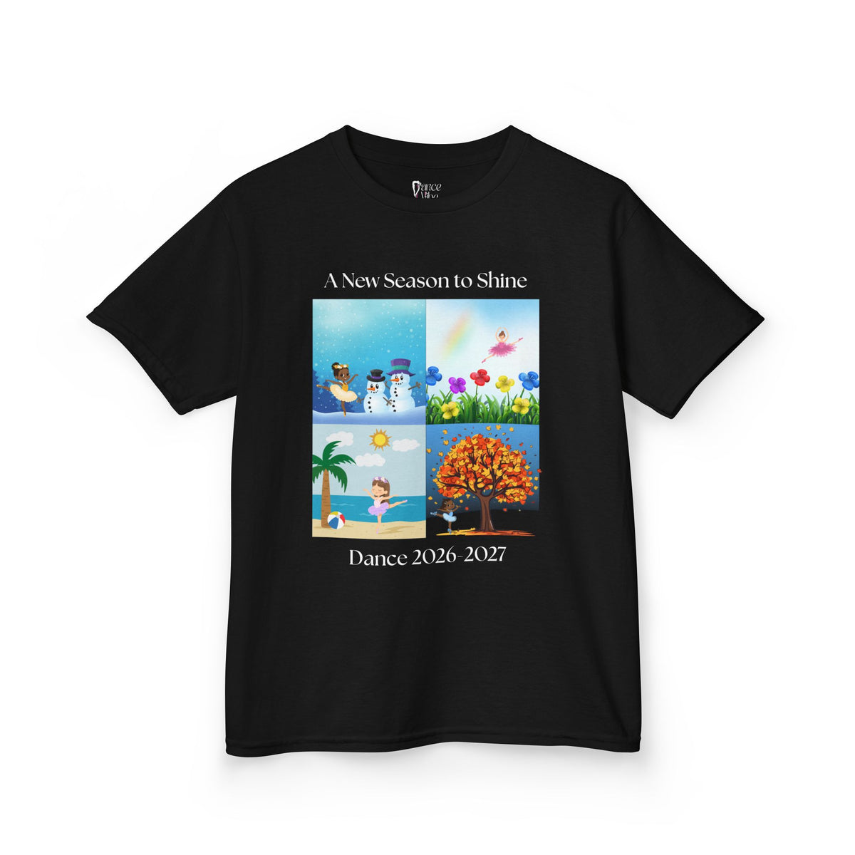 Front view of a youth Gildan 5000B heavy cotton t-shirt in black with an A New Season to Shine Dance 2026-2027 theme