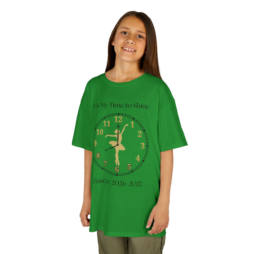 Young girl wearing a youth Gildan 5000B heavy cotton t-shirt in irish green with a Ballet Dance 2026-2027 