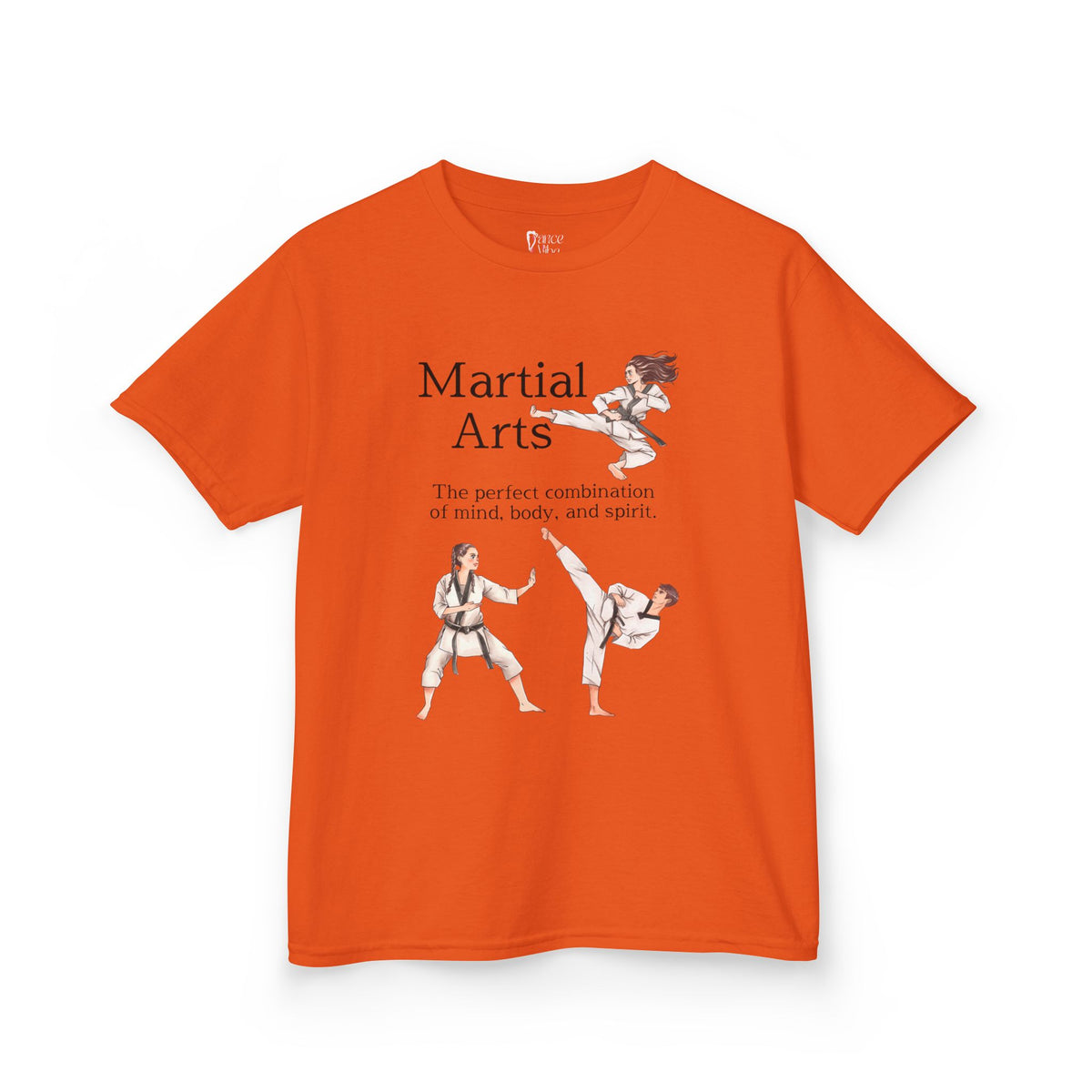 Front view of a youth Gildan 5000B heavy cotton t-shirt in orange with a Martial Arts text and graphic