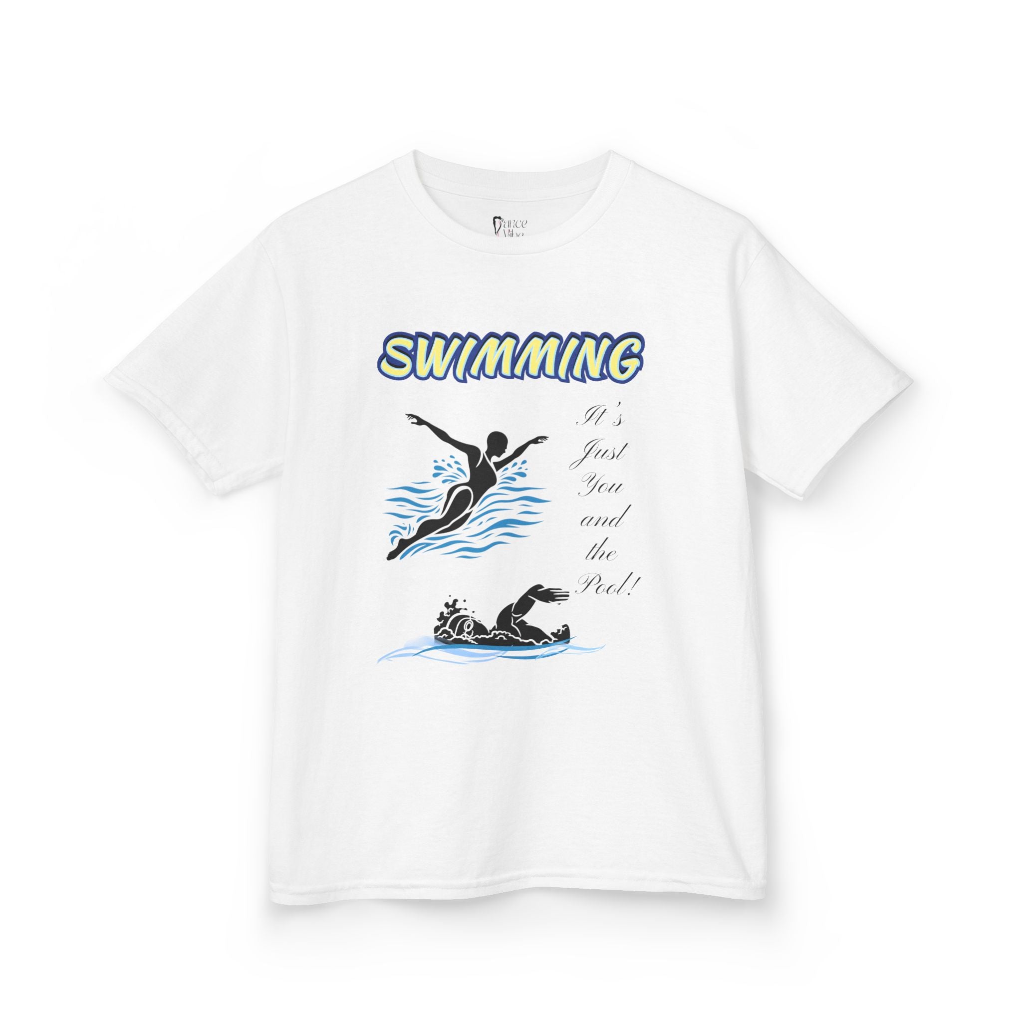 Front view of a youth Gildan 5000B heavy cotton t-shirt in white with a Swimming text and graphic