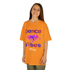 Young girl wearing a youth Gildan 5000B heavy cotton t-shirt in tennessee orange with a Dance Vibes All Day text and graphic