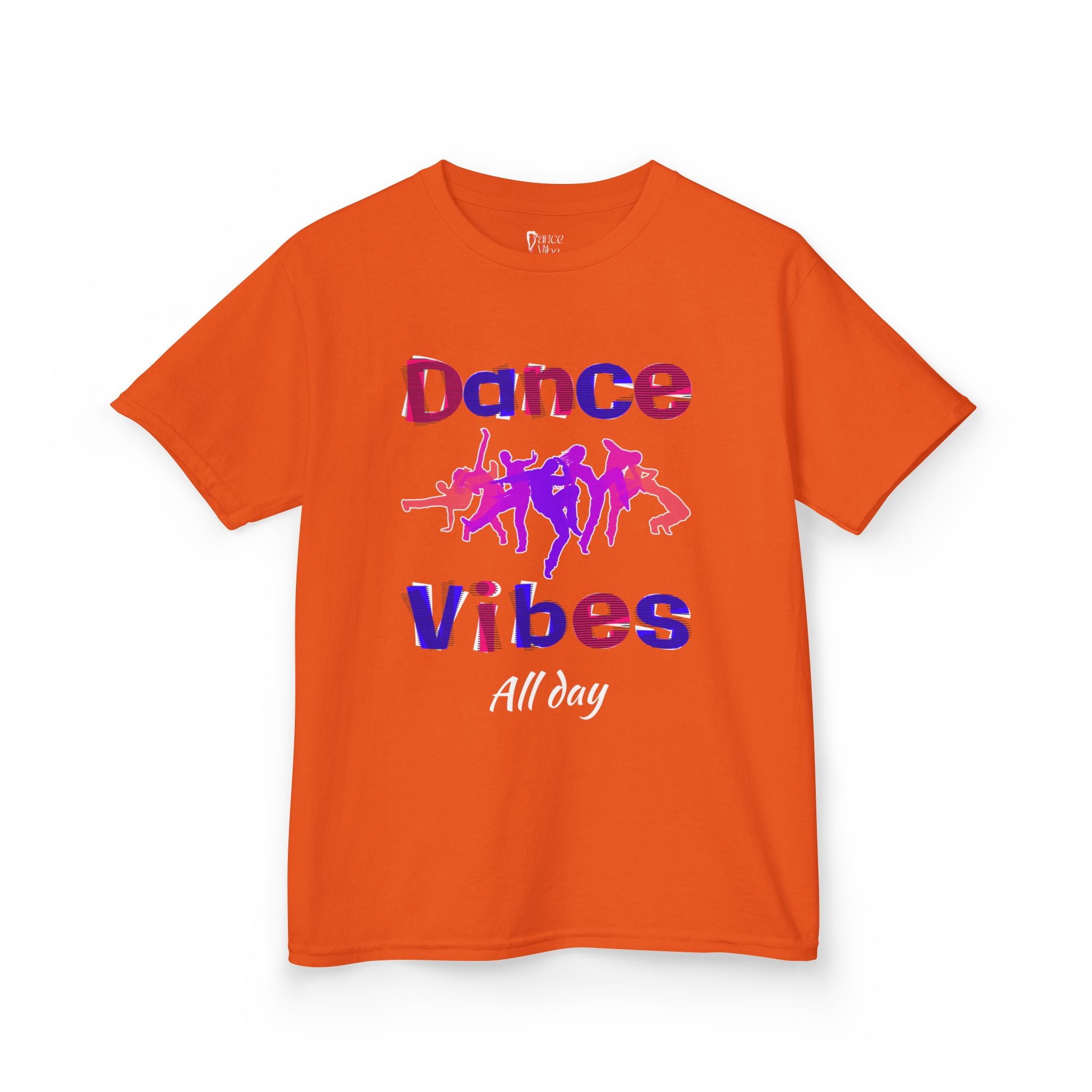 Front view of a youth Gildan 5000B heavy cotton t-shirt in orange with a Dance Vibes All Day text and graphic