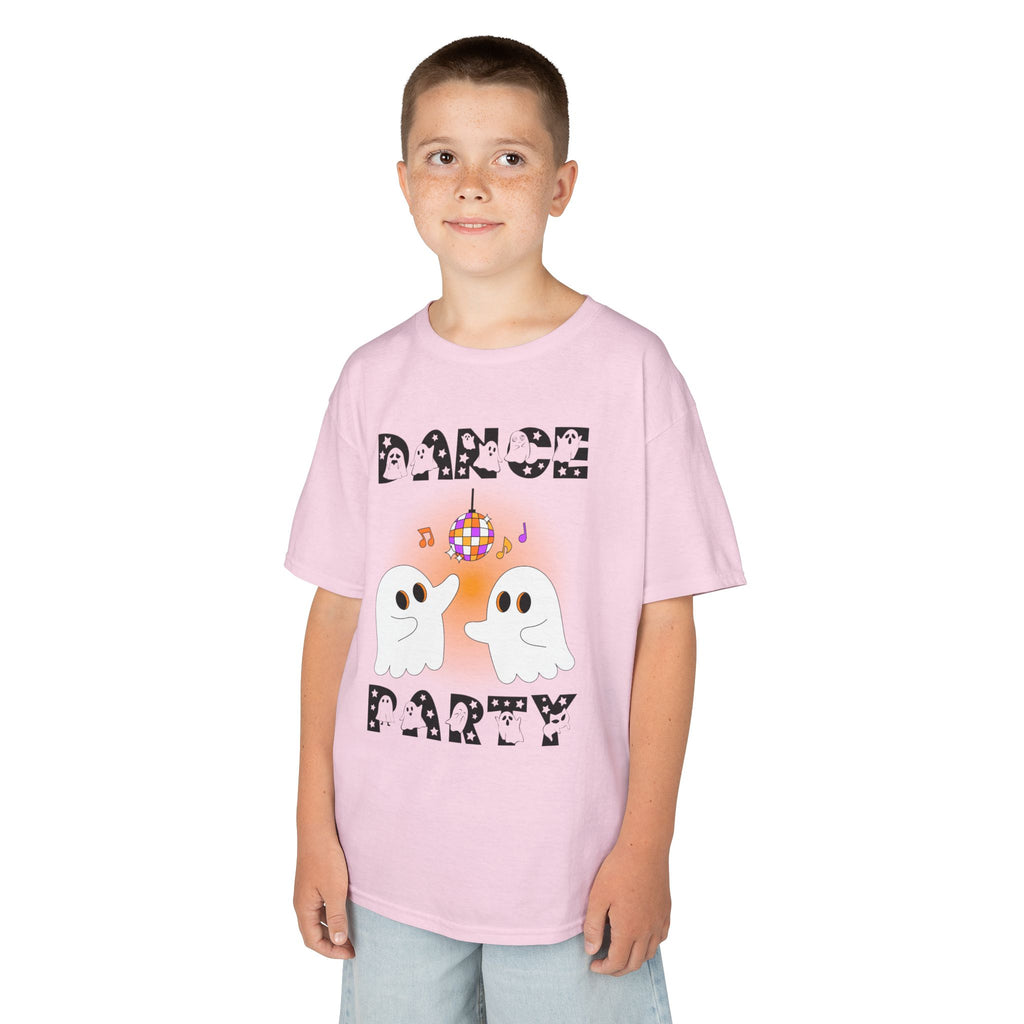 Young boy wearing a youth Gildan 5000B heavy cotton t-shirt in light pink with a Halloween Dance Party theme