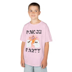 Young boy wearing a youth Gildan 5000B heavy cotton t-shirt in light pink with a Halloween Dance Party theme