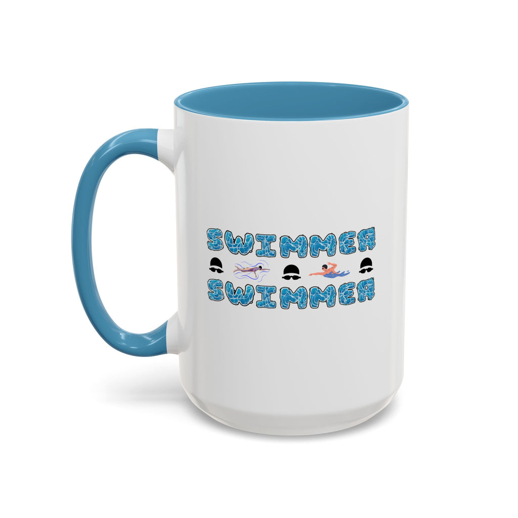 15oz white ceramic Swimmer mug with light blue handle and interior left handed view