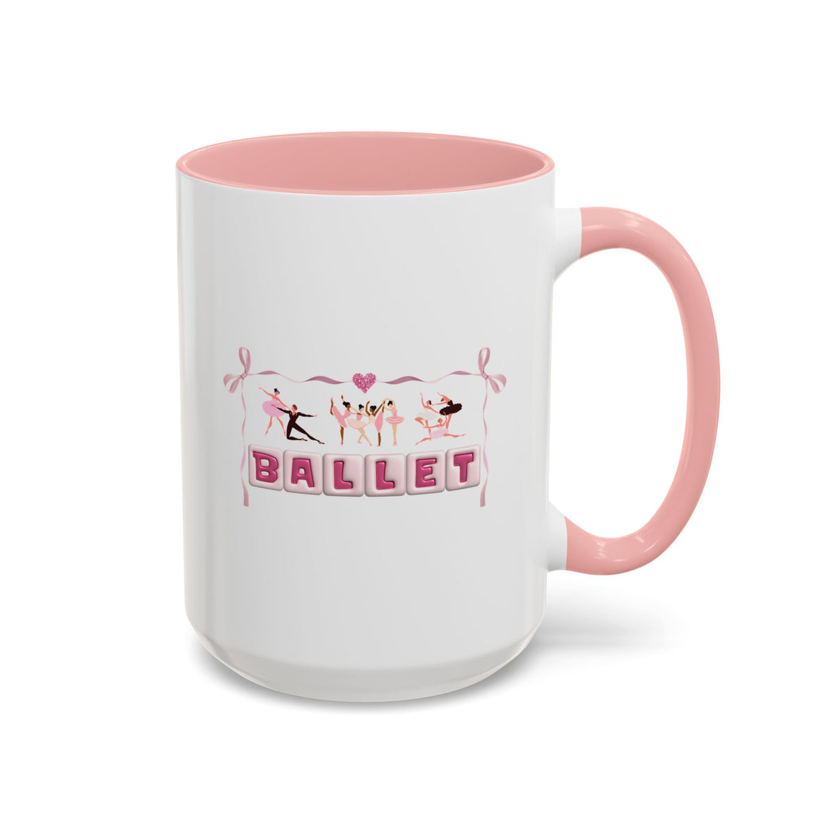 15oz white ceramic Ballet mug with pink handle and interior Right handed view