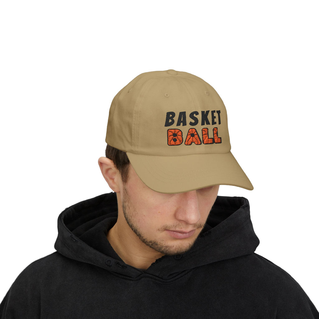 Man wearing a Khaki embroidered classic dad cap hat with Basketball text and graphic