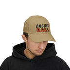 Man wearing a Khaki embroidered classic dad cap hat with Basketball text and graphic