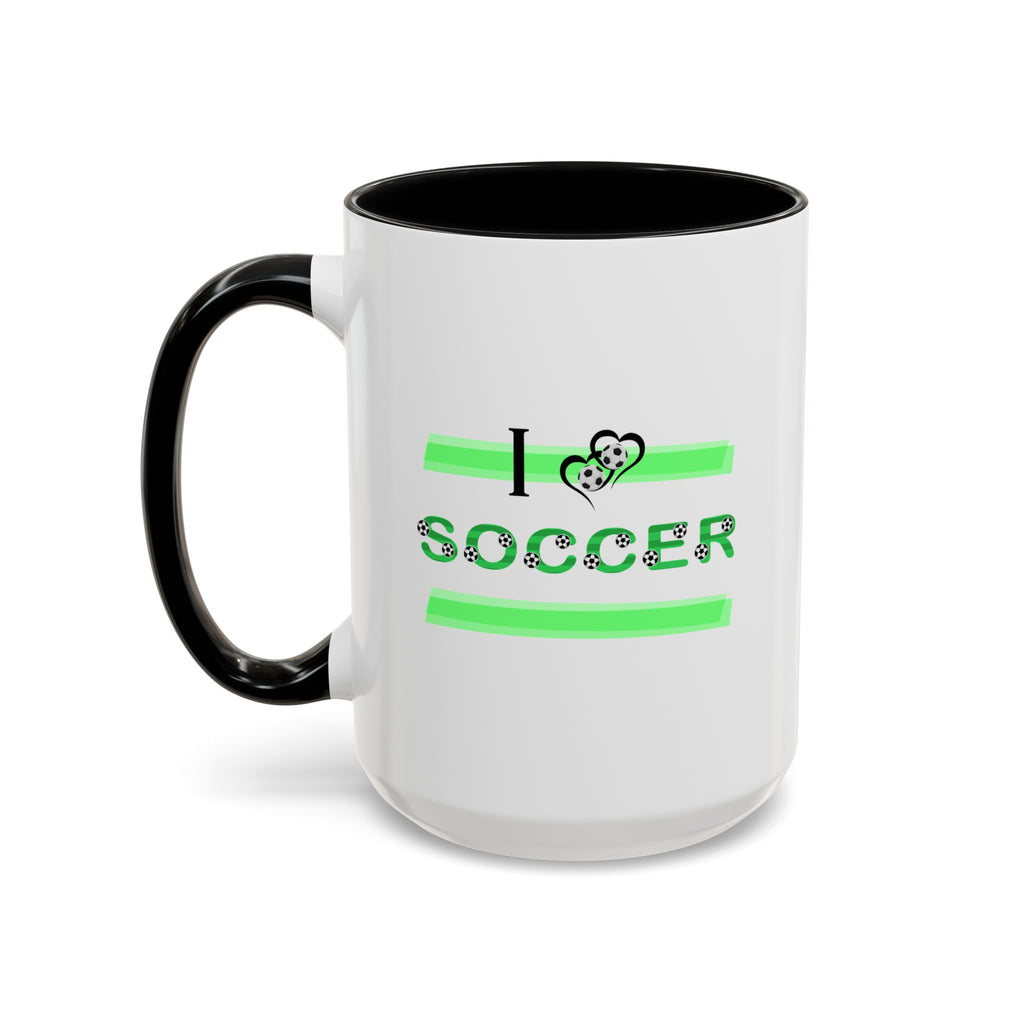 15oz white ceramic I Love Soccer mug with black handle and interior Left handed view