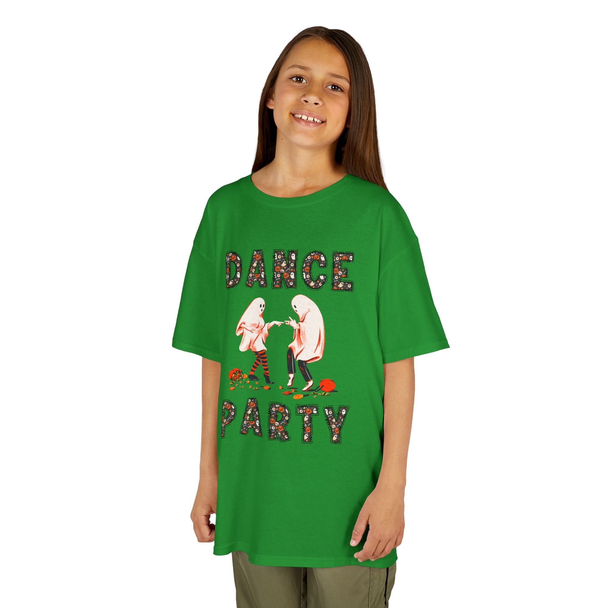 Young girl wearing a youth Gildan 5000B heavy cotton t-shirt in irish green with a Halloween Dance Party theme