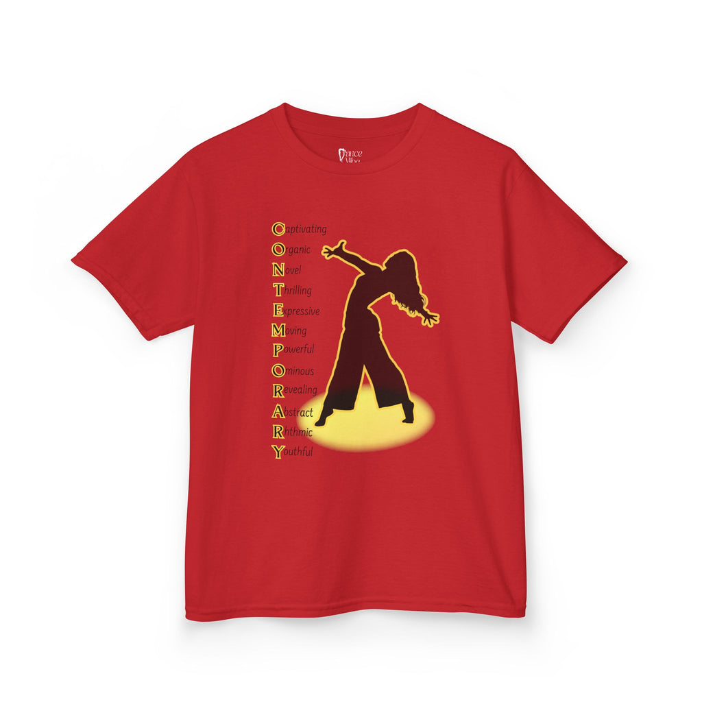 Front view of a youth Gildan 5000B heavy cotton t-shirt in red with a Contemporary Dance text and graphic