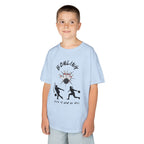Young boy wearing a youth Gildan 5000B heavy cotton t-shirt in light blue with a Bowling text and graphic