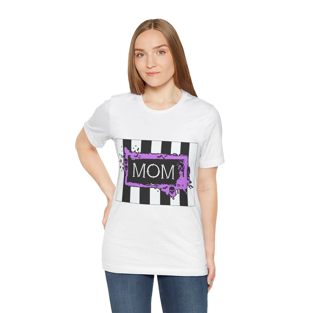 Woman wearing a Beetlejuice inspired Halloween MOM shirt in white.