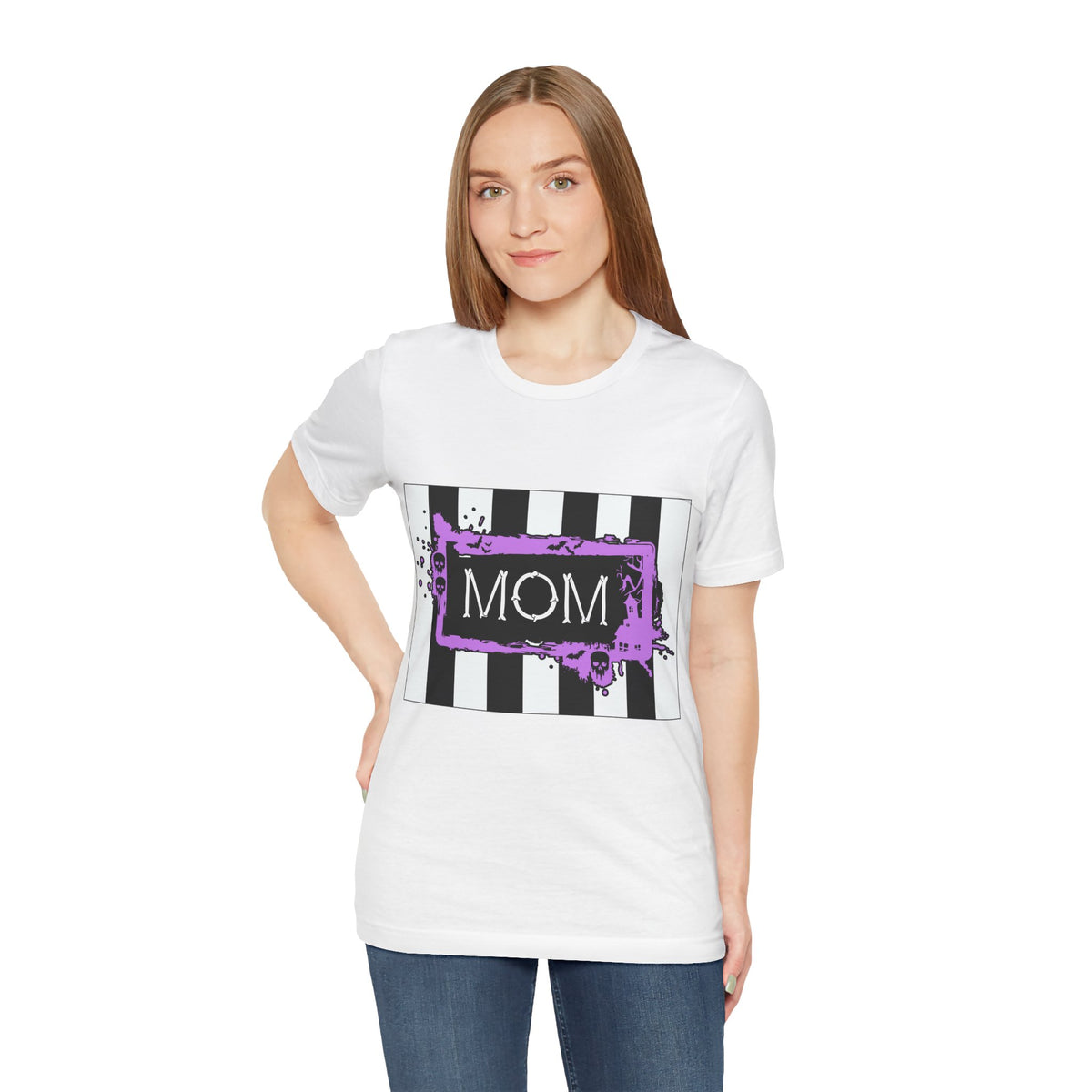 Woman wearing a Beetlejuice inspired Halloween MOM shirt in white.