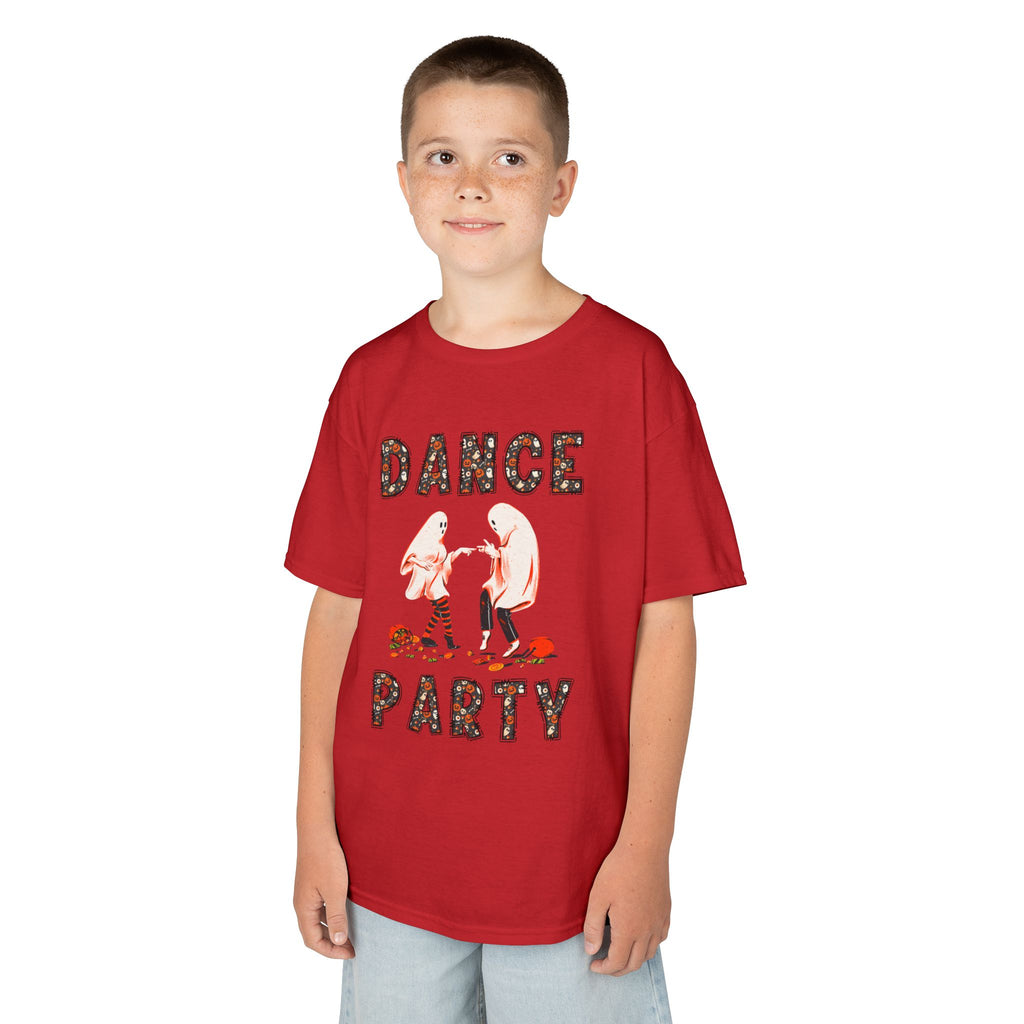 Young boy wearing a youth Gildan 5000B heavy cotton t-shirt in red with a Halloween Dance Party theme