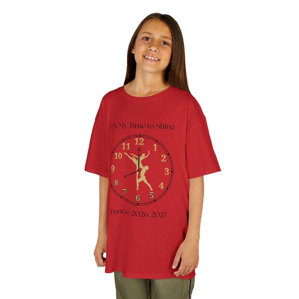 Young girl wearing a youth Gildan 5000B heavy cotton t-shirt in red with a Ballet Couple 2026-2027 design