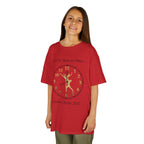 Young girl wearing a youth Gildan 5000B heavy cotton t-shirt in red with a Ballet Couple 2026-2027 design