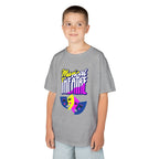 Young boy wearing a youth Gildan 5000B heavy cotton t-shirt in sport grey with a Musical Theater rainbow mask graphic