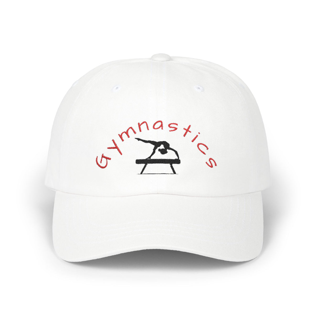 White embroidered classic dad cap hat with a Gymnastics text and graphic Front view