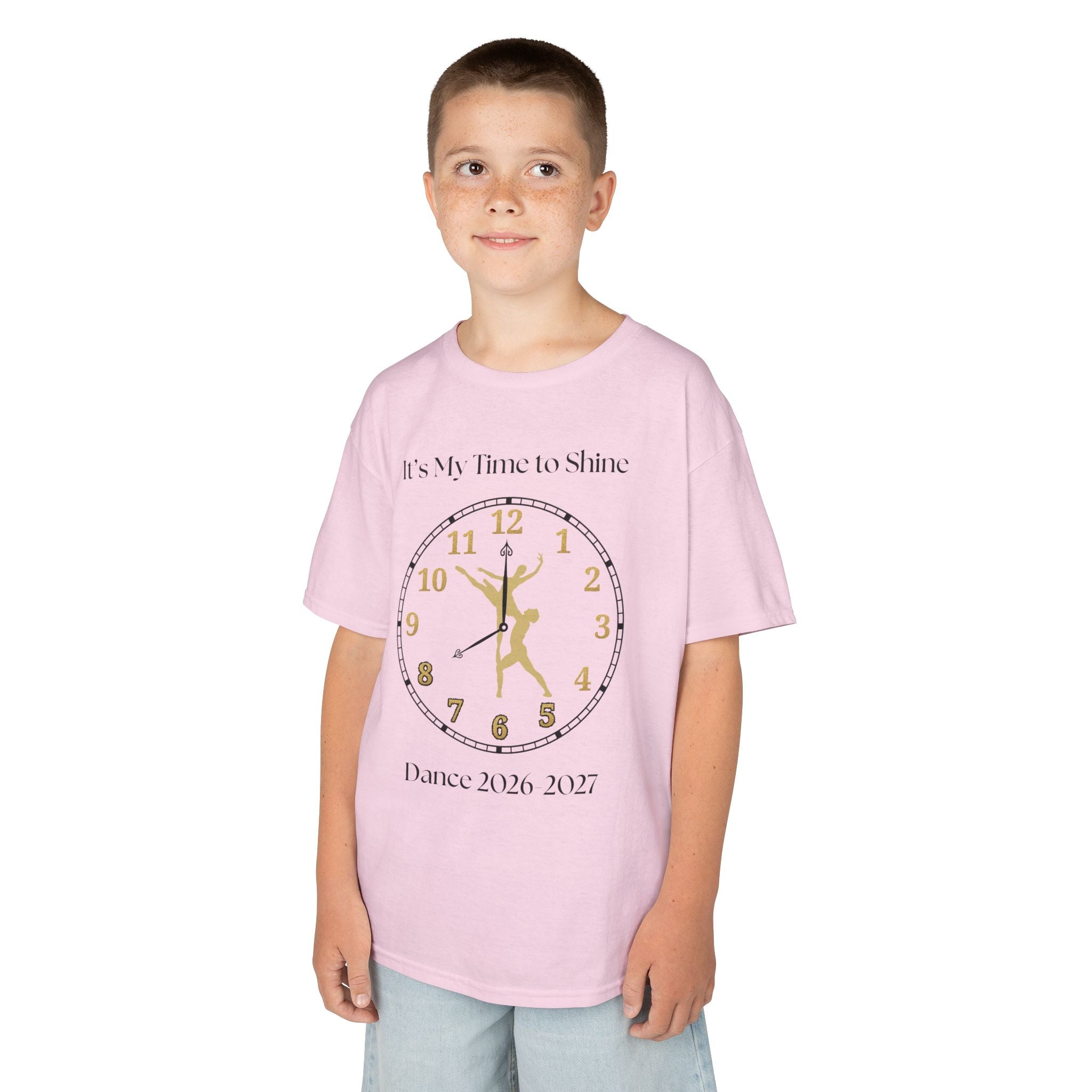 Young boy wearing a youth Gildan 5000B heavy cotton t-shirt in light pink with a Ballet Couple 2026-2027 design