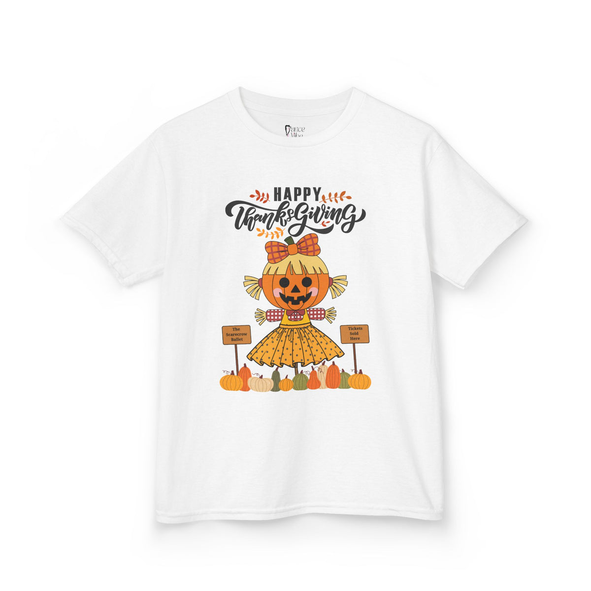 Kids white Thanksgiving t-shirt with a scarecrow ballerina design and a Happy Thanksgiving text.